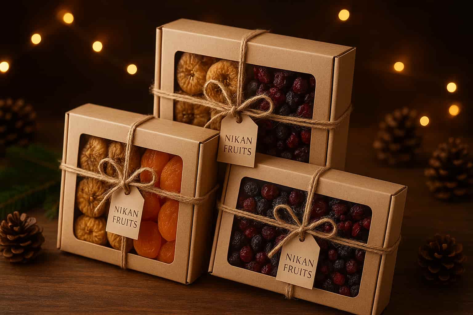 بستهبندی کادویی میوه خشک نیکان فروتس | پک انجیر و زردآلو ارگانیک