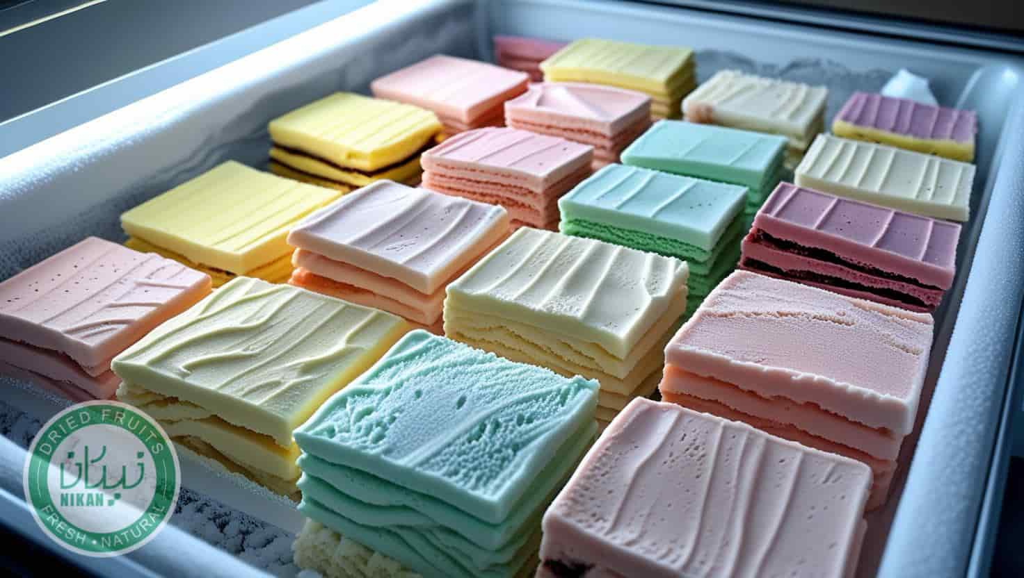 بستنی برش خورده در سینی داخل فریزر