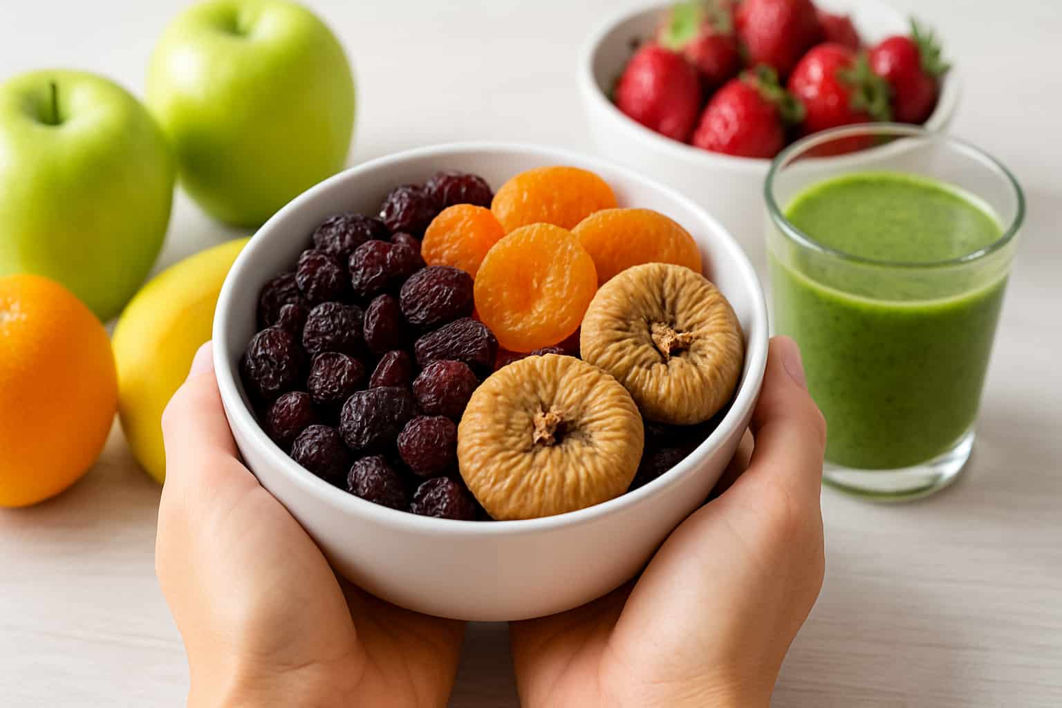 فواید میوه خشک نیکان فروتس | کاسه انجیر و توت خشک با اسموتی سبز